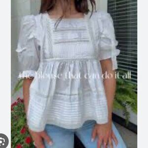 New Boutique Sophie the Label White Pintuck Lace & Ruffle Top Size S